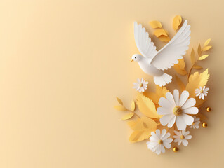 Fototapeta premium 3d paper-cut style, a white dove flying in the center of the composition,