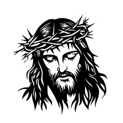 portrait of jesus wearing crown of thorns in expressive black and white vector