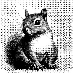 black and white halftone vector of cute squirrel, detailed retro animal illustration