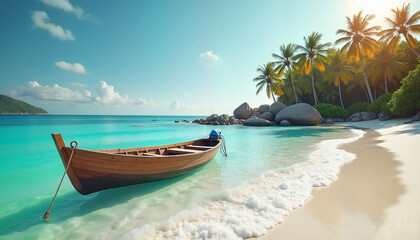 Obraz premium traditional fishing boat floating near tropical island, clear water