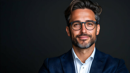 Fototapeta premium Portrait of a Smiling Businessman Against Dark Background