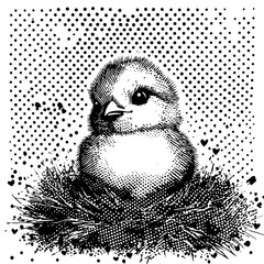 cute baby bird sitting in nest, halftone engraving style vector illustration in black and white © Luka