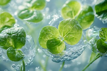 Close-up of green leaves with water droplets in soft natural light
