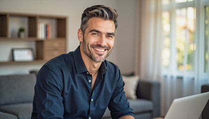 A portrait headshot photo of a friendly professional CEO executive business worker: A smiling man with graying hair sits at a table with a laptop, radiating confidence and contentment in a modern