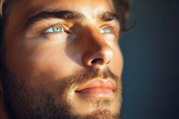 Obraz premium Portrait of a handsome man with beard looking up in hope and light