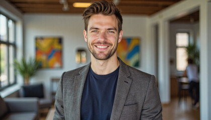 Naklejka premium A portrait headshot photo of a friendly professional CEO executive business worker: A smiling young man with a beard confidently poses in a modern office lobby, wearing a blazer and t-shirt.