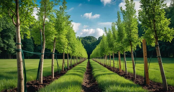 Row of young trees carefully planted and secured to pegs. Young linden trees arranged in a line. Young trees with support for protection. Newly established pathway of lindens.