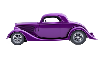 Purple vintage car, sleek design, classic curves, shiny chrome wheels, side view, modern rendering, isolated on transparent background, png