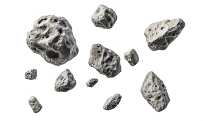 Asteroids floating in space, various sizes and textures, rocky surfaces, irregular shapes, shadows cast, isolated on white background, isolated on transparent background, png