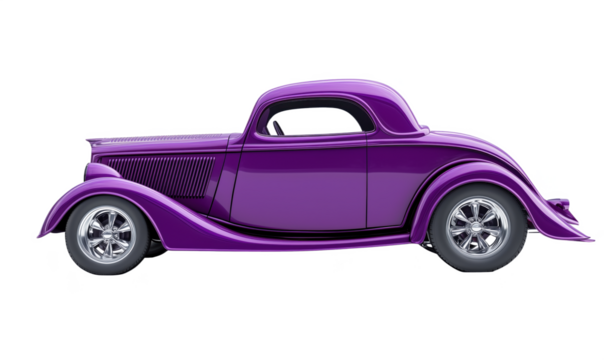Purple vintage car, sleek design, classic curves, shiny chrome wheels, side view, modern rendering, isolated on transparent background, png