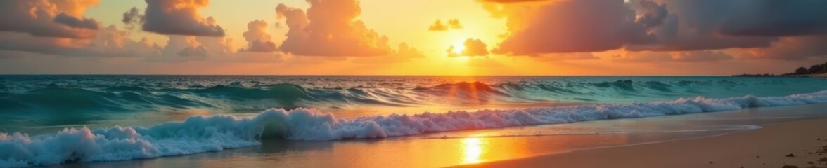Fototapeta premium Golden sunrise hues paint Cancun's beach sky, soft waves lap shore , vacation, paradise