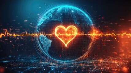 Obraz premium Earth globe encircled by a heartbeat line, symbolizing global health and care. Perfect for World Health Day and medical themes.