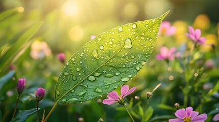 Vibrant green leaf with dewdrops amidst blooming wildflowers, symbolizing nature's resilience and beauty.
