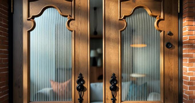 Close-up view of corrugated glass texture featuring reflections, contemporary home decor, fashionable home decor, creative arrangement of living room, wave glass vertical line design, template, blank