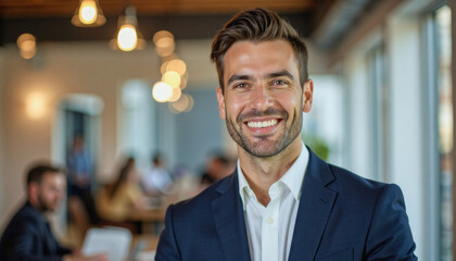 Fototapeta premium A portrait headshot photo of a friendly professional CEO executive business worker: A smiling, well-dressed man with short brown hair and a trimmed beard confidently poses for the camera in a blu