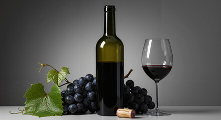 Obraz premium Red wine bottle with grapes and glass against gray background 