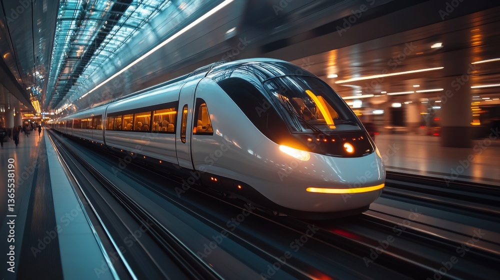 Leinwandbilder a sleek high speed train glides on railway tracks in a busy transport terminal, illuminated by ambie