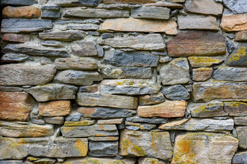 Rustic stone wall featuring an array of gray and beige stones, providing a textured surface perfect for construction and design purposes.