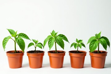 Obraz premium Several healthy tomato plants in individual pots against a pure white backdrop , shot, agriculture, garden