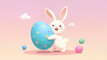 Cute Easter Bunny Holding a Colorful Egg in Pastel Scene