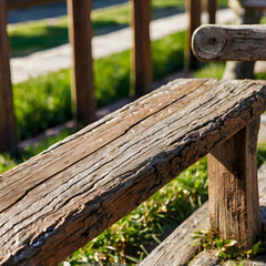 Rustic Bench and Fence: An inviting, weathered wooden bench and fence set amidst a vibrant green landscape, capturing the essence of simple serenity and rustic charm.