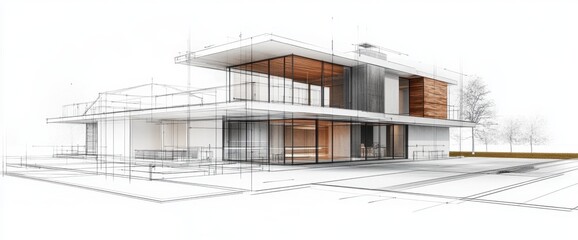 Modern architectural design of a sleek house with large glass windows and wooden accents