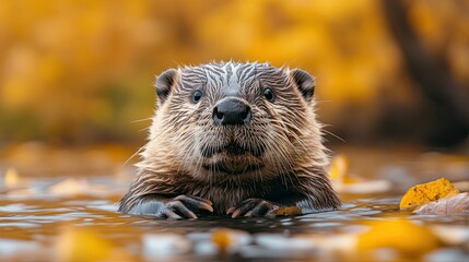 Curious Beaver Portrait in Autumn River, Close-Up in Colorful Nature Setting -