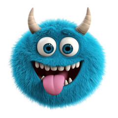 3D cartoon, a happy, cute blue furry monster with horns and big eyes sticking out its tongue, on a white background, png