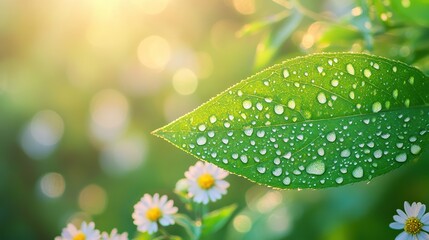 Vibrant green leaf with dewdrops amidst blooming wildflowers, symbolizing nature's resilience and beauty.
