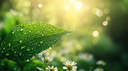 Vibrant green leaf with dewdrops amidst blooming wildflowers, symbolizing nature's resilience and beauty.
