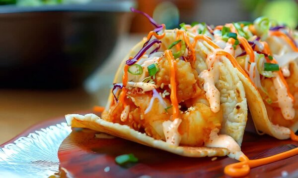 A fusion Japanese taco, with crispy tempura shrimp, pickled vegetables, and a drizzle of spicy mayo, wrapped in a soft taco shell