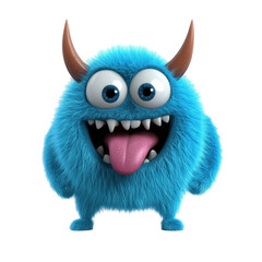3D cartoon, a happy, cute blue furry monster with horns and big eyes sticking out its tongue, on a white background, png