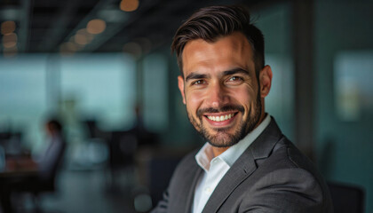 Fototapeta premium A portrait headshot photo of a friendly professional CEO executive business worker: A handsome, smiling man in a suit confidently looks at the camera within a modern office setting.