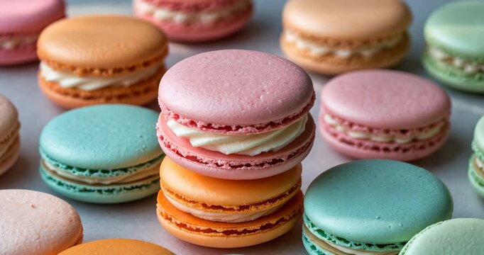 Close-up of vibrant macaron treats in pastel hues.