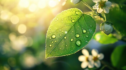 Vibrant green leaf with dewdrops amidst blooming wildflowers, symbolizing nature's resilience and beauty.
