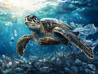 Fototapeta premium Turtle swimming through a polluted ocean filled with plastic waste and water bottles highlighting environmental catastrophes