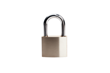 Close-up of a solid steel padlock with keyhole detail isolated on a white background