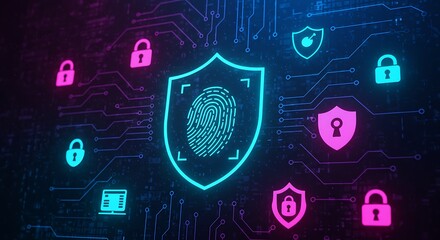 A digital fingerprint security system with glowing locks and shields on a circuit board design