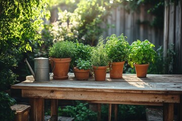 Various potted plants on wooden table in cozy garden