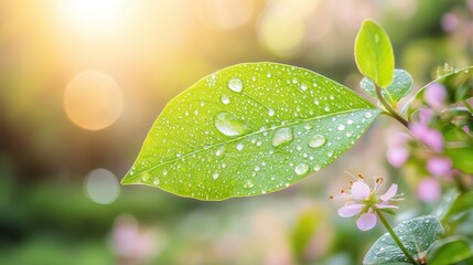 Vibrant green leaf with dewdrops amidst blooming wildflowers, symbolizing nature's resilience and beauty.
