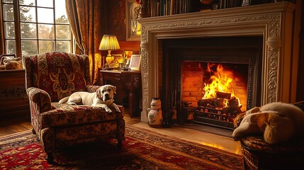 Cozy Winter Scene: Dogs Relaxing by a Fireplace in a Luxurious Home