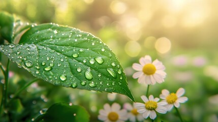 Vibrant green leaf with dewdrops amidst blooming wildflowers, symbolizing nature's resilience and beauty.
