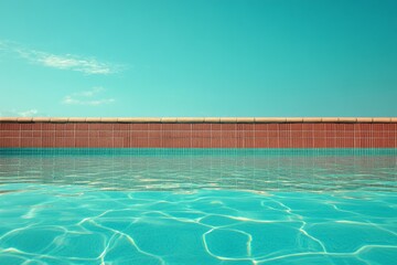 Empty turquoise swimming pool with red fence under bright daylight