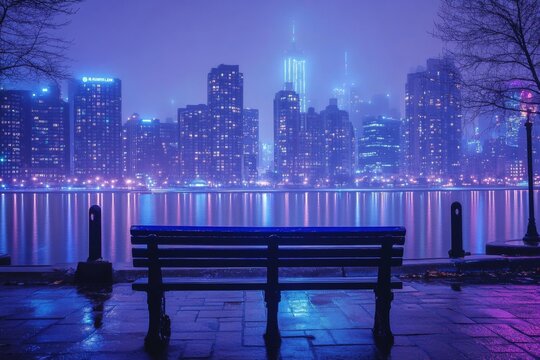Fototapeta City skyline at night with glowing buildings and reflections on water from empty bench