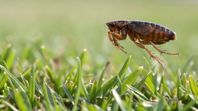 A jumping flea in the grass, insect with long legs close-up