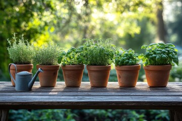 Row of potted plants on wooden table in sunny outdoor garden