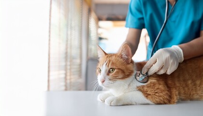 veterinary clinic checking adorable ginger and white cat health using stethoscope