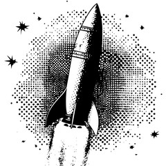halftone vector of retro rocket launching into space with stars, vintage black and white style © Luka