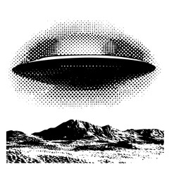 flying ufo over desert landscape in halftone engraving style, black and white sci-fi vector © Luka