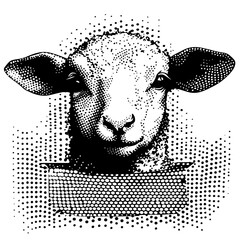 realistic sheep head in halftone engraving style, black and white vector illustration